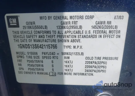 2004 Chevrolet Trailblazer Ls из США, поврежденный, VIN 1GNDS13S642115766